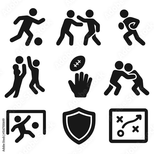 Offense vs Defense Icons. Solid, filled icons set of offense vs defense in team sports: offensive player,