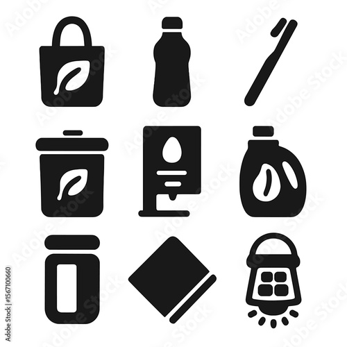 Sustainable Living Icons. Solid, filled icon set of sustainable living: reusable bag, water bottle, bamboo toothbrush, compost bin