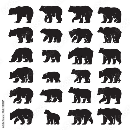 Collection of black bear silhouettes in various poses and movements