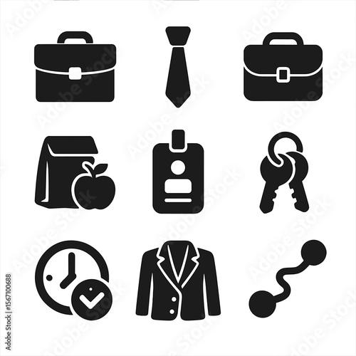 Office Essentials Icons. Solid, filled icons set of office workday prep: briefcase, necktie, laptop bag,