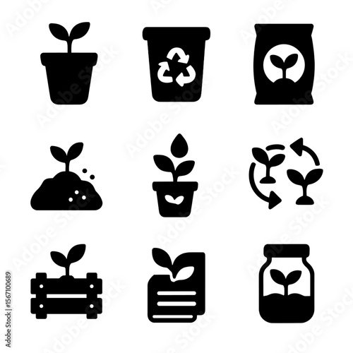 Sustainable Planting Icons. Solid, filled icon set of sustainable planting: biodegradable pot, recycled container, eco soil bag,