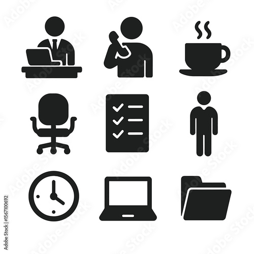 Office Manager Icons. Solid, filled icons set of candid shots of managers in everyday work settings: manager