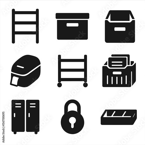 Office Storage Icons. Solid, filled icons set of physical office storage solutions: shelving unit, storage box