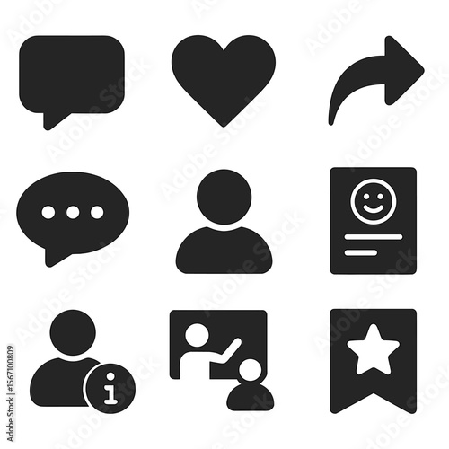 Online Interaction Icons. Solid, filled icons set of user interaction in online galleries: comment icon, like