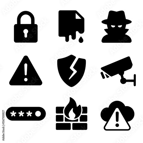 Online Privacy Icons. Solid, filled icons set of online privacy concerns and data breaches: padlock icon, data