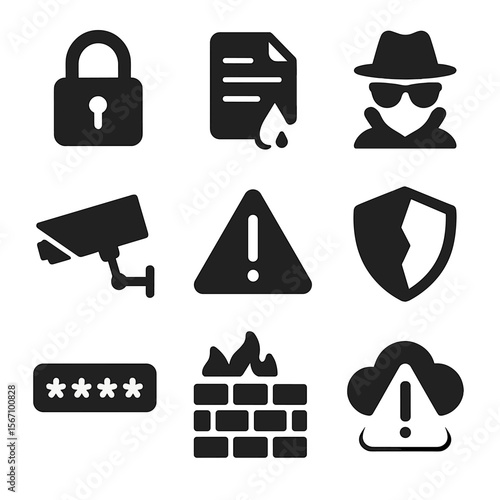 Online Privacy Icons. Solid, filled icons set of online privacy concerns and data breaches: padlock icon, data