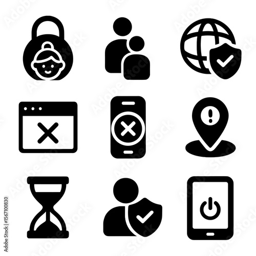 Online Safety Icons. Solid, filled icons set of online safety for families: child lock, parental control, safe
