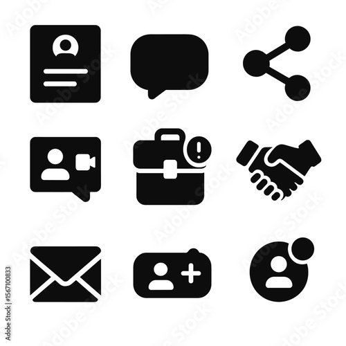 Online Networking Icons. Solid, filled icons set of online networking platforms: profile page, chat bubble,