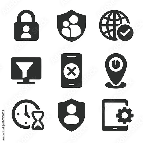 Online Safety Icons. Solid, filled icons set of online safety for families: child lock, parental control, safe