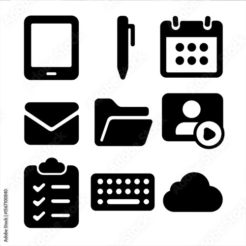 Tablet Work Icon Set. Solid, filled icon set of using a tablet for work tasks: tablet device, stylus pen, calendar app, email