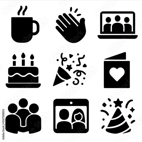 Online Team Rituals Icons. Solid, filled icons set of online team rituals: virtual coffee cup, emoji clap,