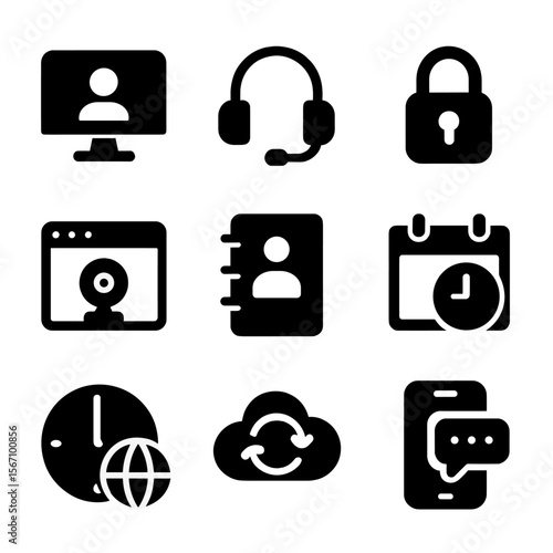Online Therapy Icons. Solid, filled icons set of online therapy and telehealth: video call icon, headset mic,