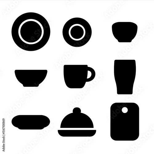 Tableware Icons Set. Solid, filled icon set of tableware types: dinner plate, salad plate, dessert plate, bowl, cup, glass, tray,
