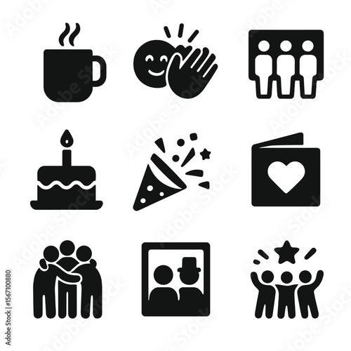 Online Team Rituals Icons. Solid, filled icons set of online team rituals: virtual coffee cup, emoji clap,
