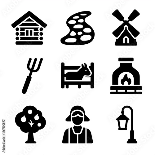 Open-Air Museum Icons. Solid, filled icons set of open-air museums: wooden house, cobblestone path, windmill,