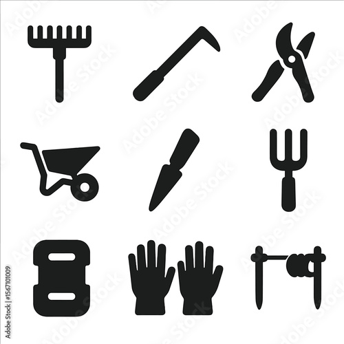 Organic Garden Tools Icons. Solid, filled icons set of organic garden tools: rake, hoe, pruner, wheelbarrow,