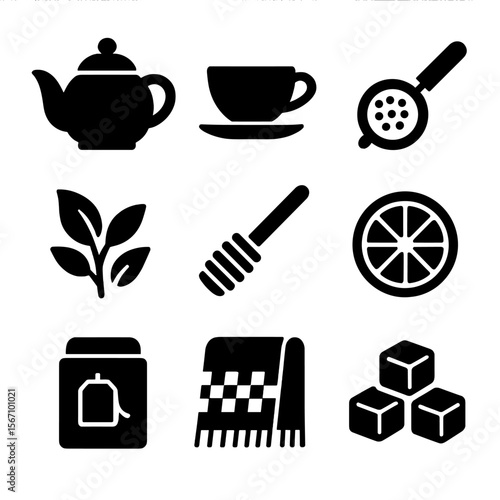 Tea Time Icons. Solid, filled icon set of tea time essentials: teapot, teacup, tea strainer, loose leaf tea, honey dipper, lemon