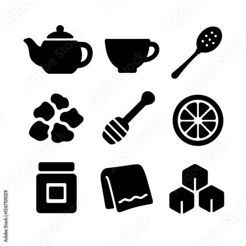 Tea Time Icons. Solid, filled icon set of tea time essentials: teapot, teacup, tea strainer, loose leaf tea, honey dipper, lemon