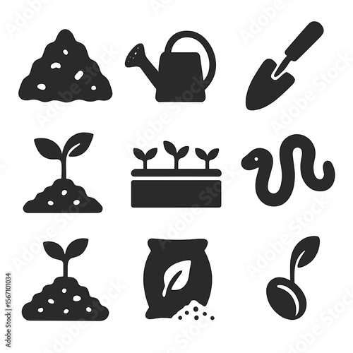 Organic Gardening Icons. Solid, filled icons set of organic gardening: compost pile, watering can, trowel,