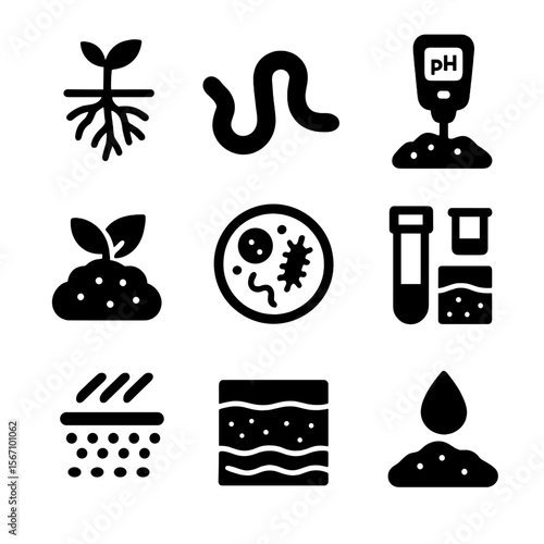 Organic Soil Health Icons. Solid, filled icons set of organic soil health: root system, earthworm, pH meter,
