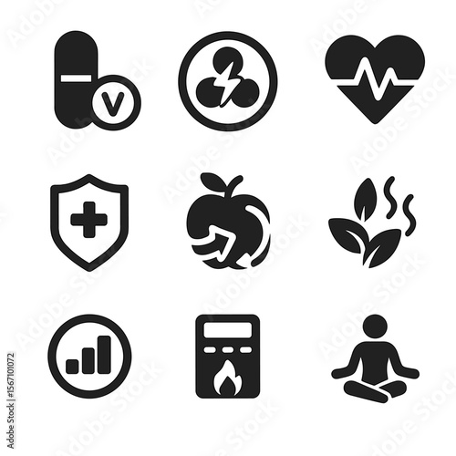 Organic Health Icons. Solid, filled icons set of health benefits of organic produce: vitamin icon, antioxidant