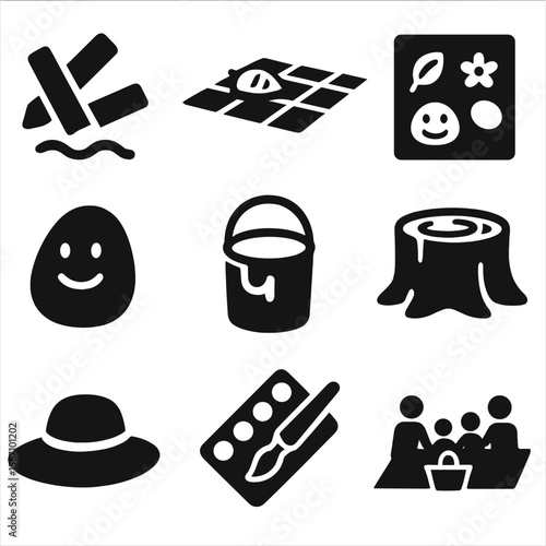 Outdoor Bonding Icons. Solid, filled icons set of outdoor creative bonding: sidewalk chalk, picnic mat, nature
