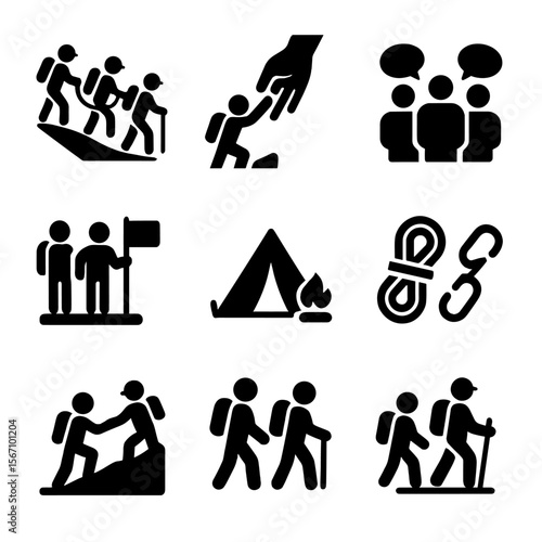 Teamwork Icon Set. Solid, filled icon set of team climbing: rope team, group hikers, support hand, communication icon, group flag,