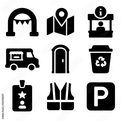 Outdoor Event Icons. Solid, filled icons set of outdoor event logistics: entry gate, map sign, info booth,