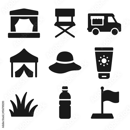 Outdoor Event Icons. Solid, filled icons set of outdoor theater events: open-air stage, folding chair, food