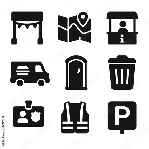 Outdoor Event Icons. Solid, filled icons set of outdoor event logistics: entry gate, map sign, info booth,