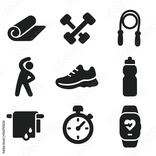 Outdoor Fitness Icons. Solid, filled icons set of outdoor fitness and exercise: yoga mat, dumbbells, jump rope