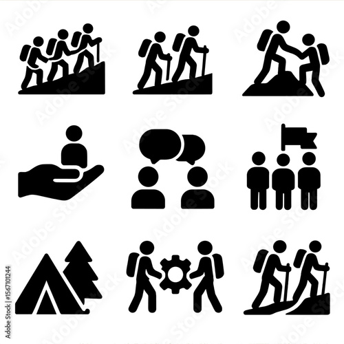 Teamwork Icon Set. Solid, filled icon set of team climbing: rope team, group hikers, support hand, communication icon, group flag,