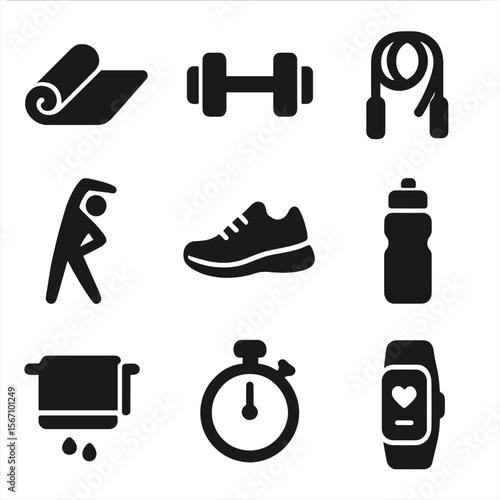 Outdoor Fitness Icons. Solid, filled icons set of outdoor fitness and exercise: yoga mat, dumbbells, jump rope