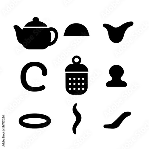 Teapot Parts Icons. Solid, filled icon set of teapot components: teapot body, lid, spout, handle, tea infuser, knob, base ring,