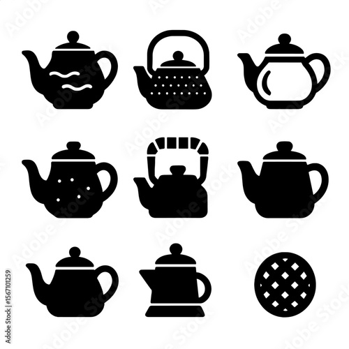 Teapot Material Icons. Solid, filled icon set of teapot materials and textures: porcelain surface, cast iron body, glass teapot,