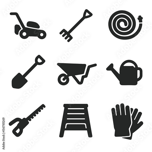 Outdoor Maintenance Icons. Solid, filled icons set of outdoor maintenance tasks: lawn mower, garden rake, hose