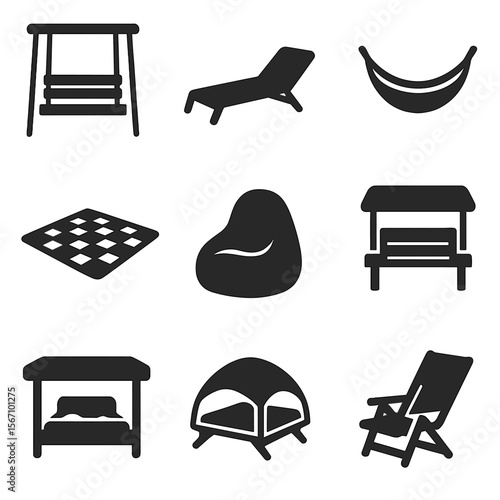 Outdoor Napping Icons. Solid, filled icons set of outdoor napping spots: porch swing, lounge chair, hammock,