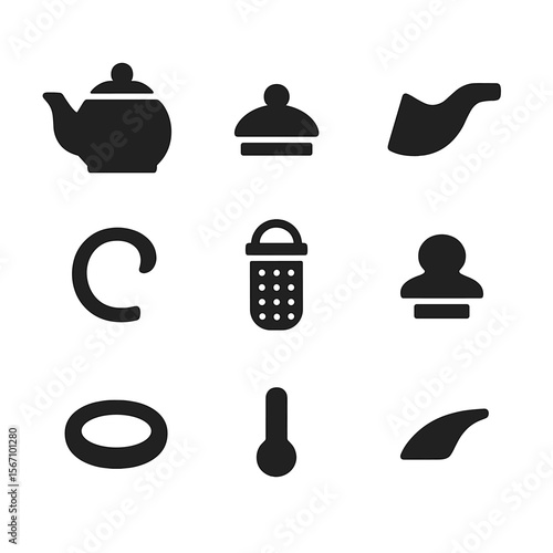 Teapot Parts Icons. Solid, filled icon set of teapot components: teapot body, lid, spout, handle, tea infuser, knob, base ring,