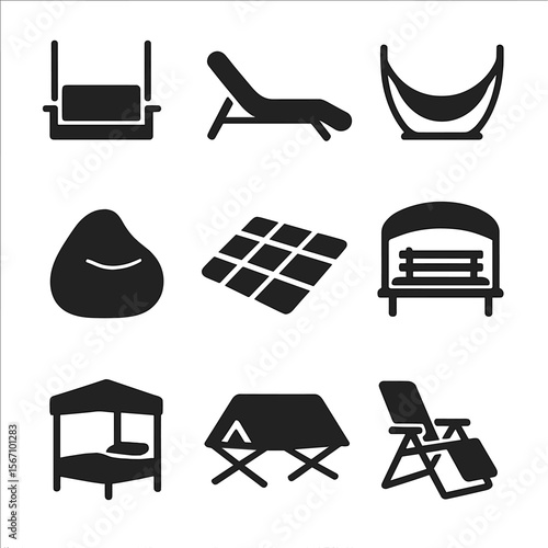 Outdoor Napping Icons. Solid, filled icons set of outdoor napping spots: porch swing, lounge chair, hammock,