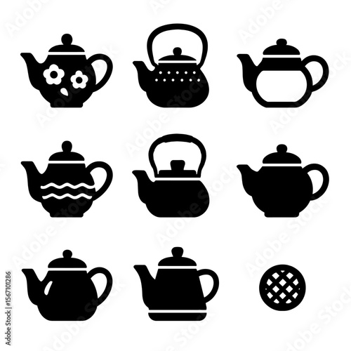 Teapot Material Icons. Solid, filled icon set of teapot materials and textures: porcelain surface, cast iron body, glass teapot,