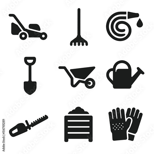 Outdoor Maintenance Icons. Solid, filled icons set of outdoor maintenance tasks: lawn mower, garden rake, hose