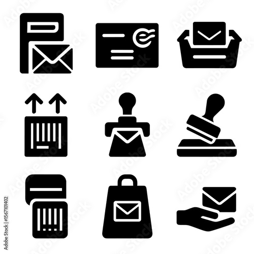 Outgoing Mail Icons. Solid, filled icons set of outgoing mail processes: mail chute, ink-stamped envelope,