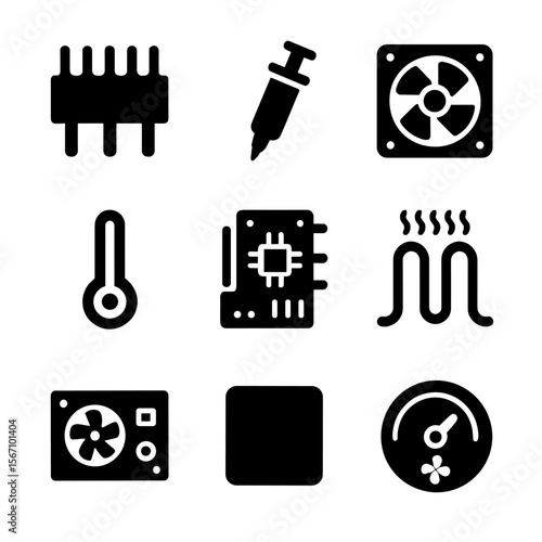 Temperature Electronics Icons. Solid, filled icon set of temperature in electronics: CPU heat sink, thermal paste, cooling fan,