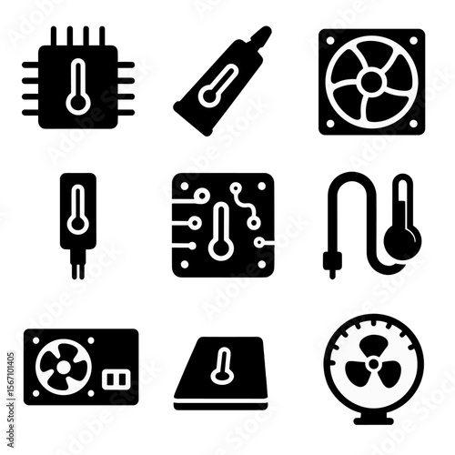 Temperature Electronics Icons. Solid, filled icon set of temperature in electronics: CPU heat sink, thermal paste, cooling fan,