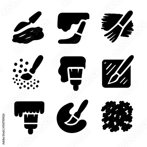 Painting Styles Icons. Solid, filled icons set of painting styles and methods: impasto stroke, watercolor wash