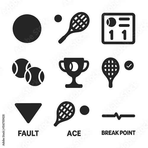 Tennis Scoring Icons. Solid, filled icon set of tennis scoring symbols: point, game, set, match, deuce, advantage, fault, ace,