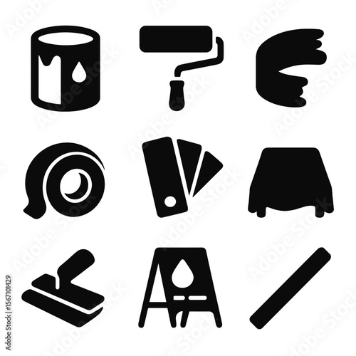 Painting Tools Icons. Solid, filled icons set of painting and finishing: paint can, roller icon, brush stroke,