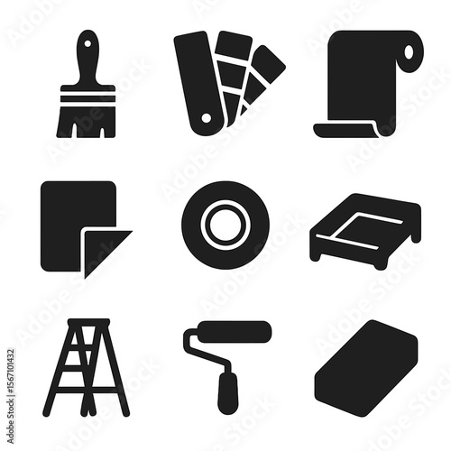 Painting Icons Grid. Solid, filled icons set of painting and decorating: paintbrush, color swatch, wallpaper