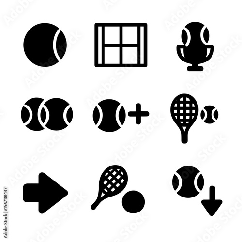 Tennis Scoring Icons. Solid, filled icon set of tennis scoring symbols: point, game, set, match, deuce, advantage, fault, ace,