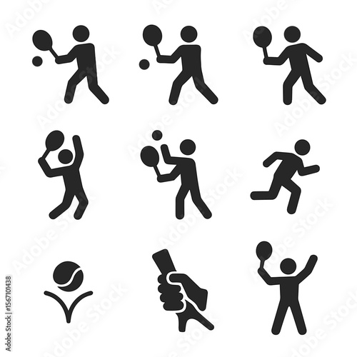 Tennis Action Icons. Solid, filled icon set of tennis actions: forehand swing, backhand swing, volley, smash, serve toss, running